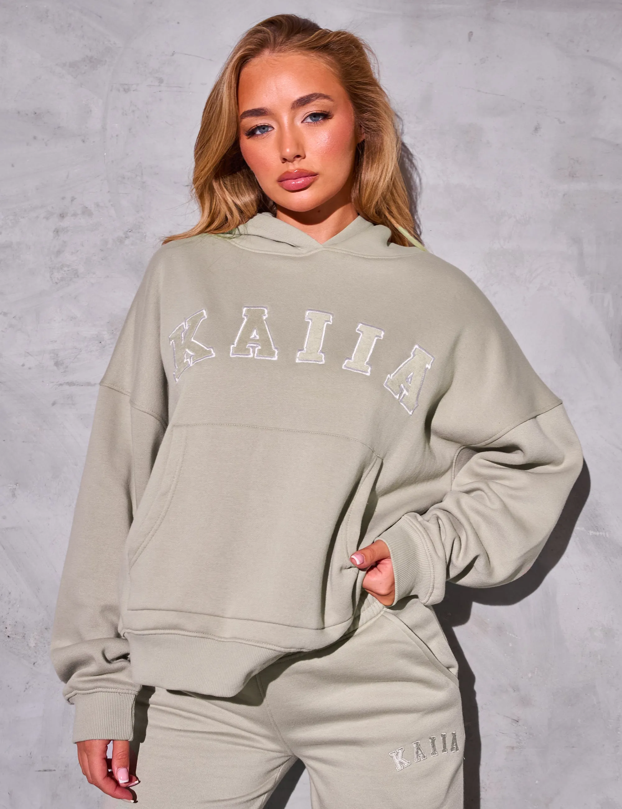 Kaiia Slogan Oversized Hoodie Stone