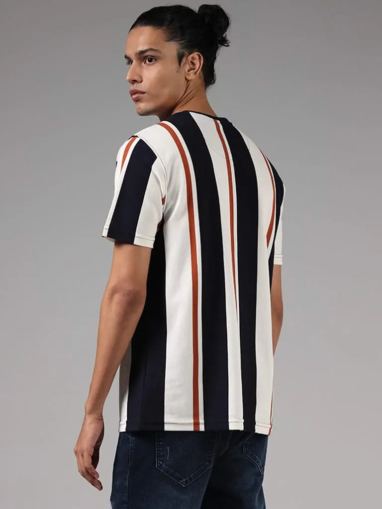 Nuon Off White Striped Cotton Blend Slim-Fit T-Shirt