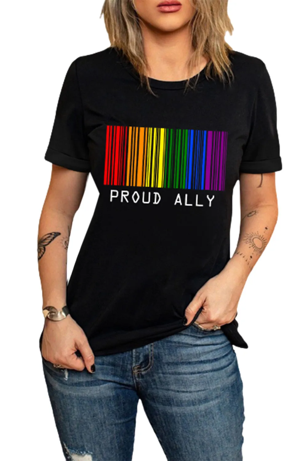 Proud Ally Rainbow Bar Code Print T Shirt LGBT Equality Casual Summer Shirt