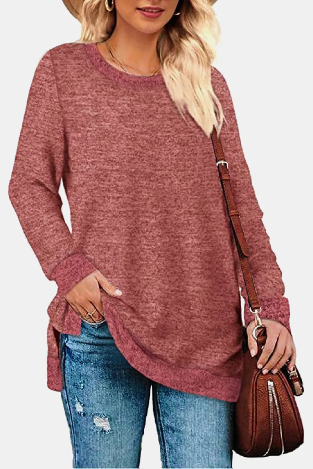 Round Neck Long Sleeve Slit T-Shirt