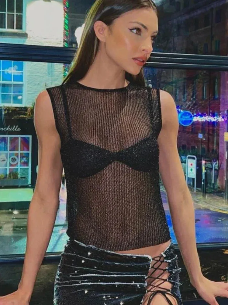 Shiny Knitted Tanks Top Women Summer 2023 Trendy Sexy See Through Sleeveless Crop Tops Tees Club Wear C0-CE10