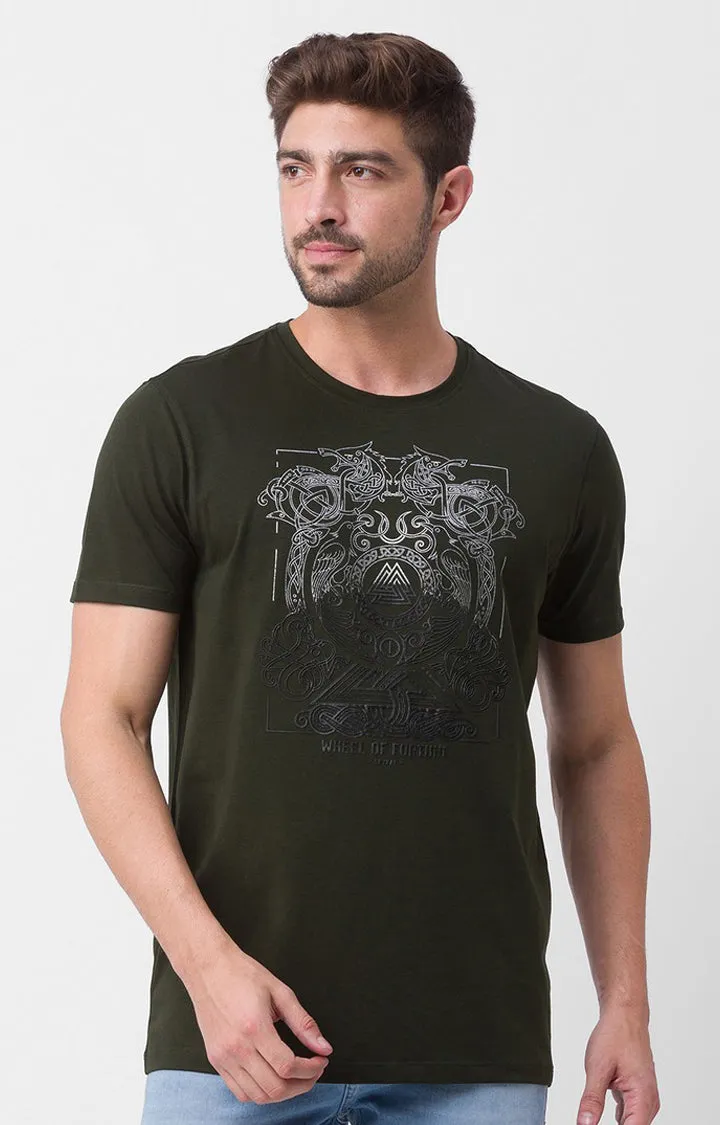 Spykar Dark Olive Green Cotton Half Sleeve Printed Casual T-Shirt For Men