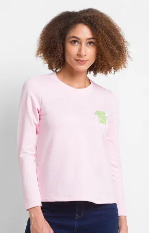 Spykar Pink Cotton Blend Full Sleeve Plain Casual T-Shirts For Women