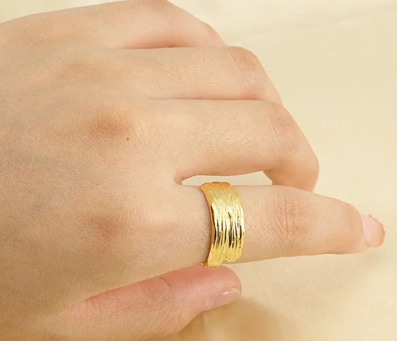 Textured 18K Gold Plated Adjustable Ring – Bold Stainless Steel Fashion Design