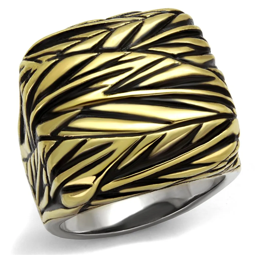 Two-Tone IP Gold (Ion Plating) Stainless Steel Ring with Epoxy in Jet for Women Style TK2370