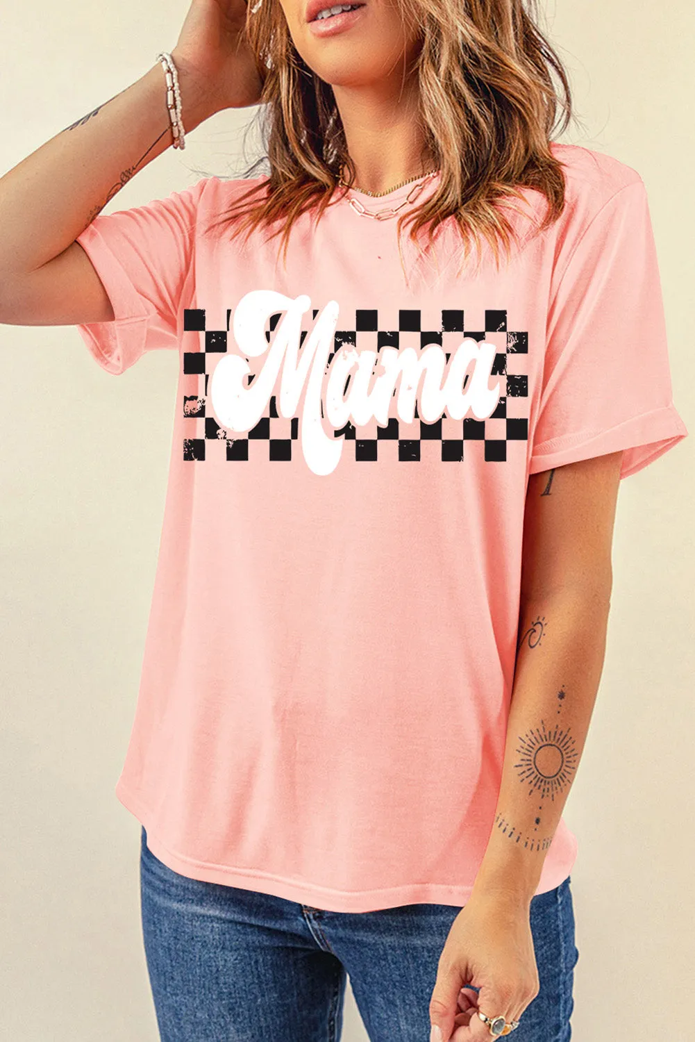 Women Pink Mama Checkered Print O Neck Casual T Shirt