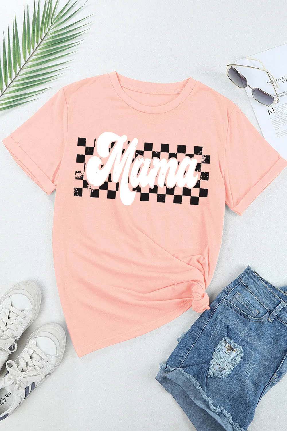 Women Pink Mama Checkered Print O Neck Casual T Shirt