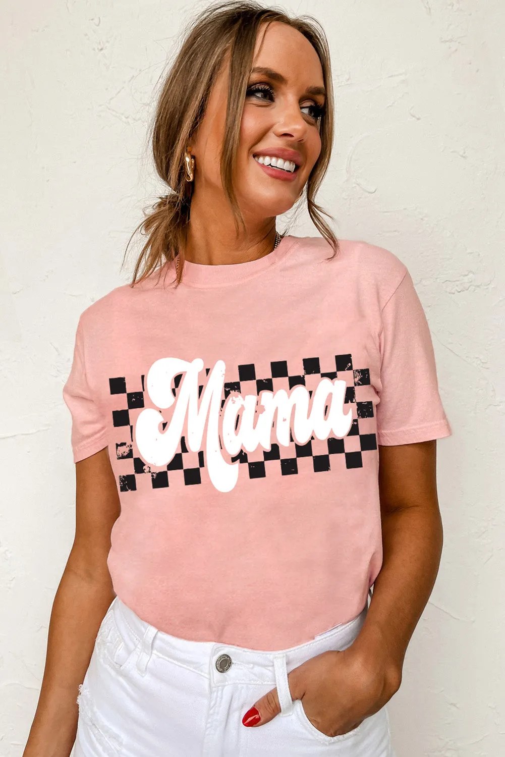 Women Pink Mama Checkered Print O Neck Casual T Shirt