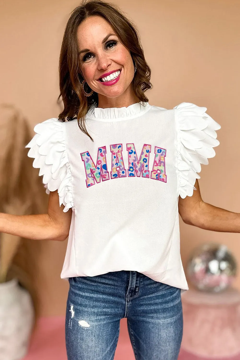 Women White MAMA Embroidered Layered Scalloped Sleeve Top