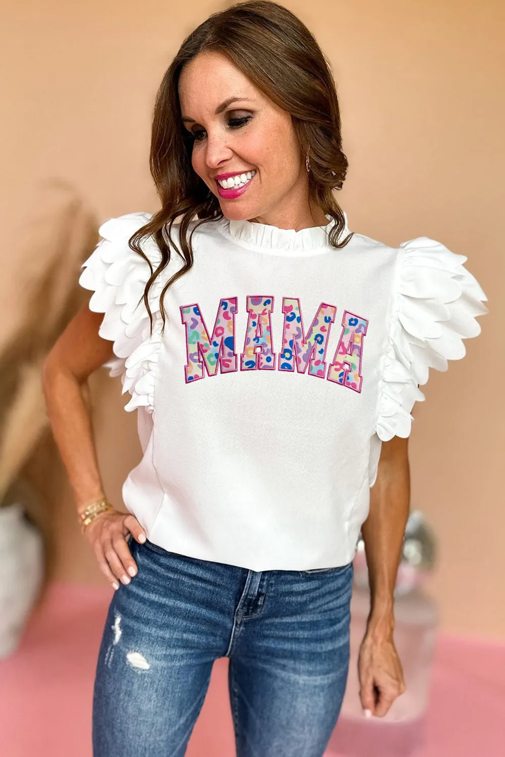 Women White MAMA Embroidered Layered Scalloped Sleeve Top