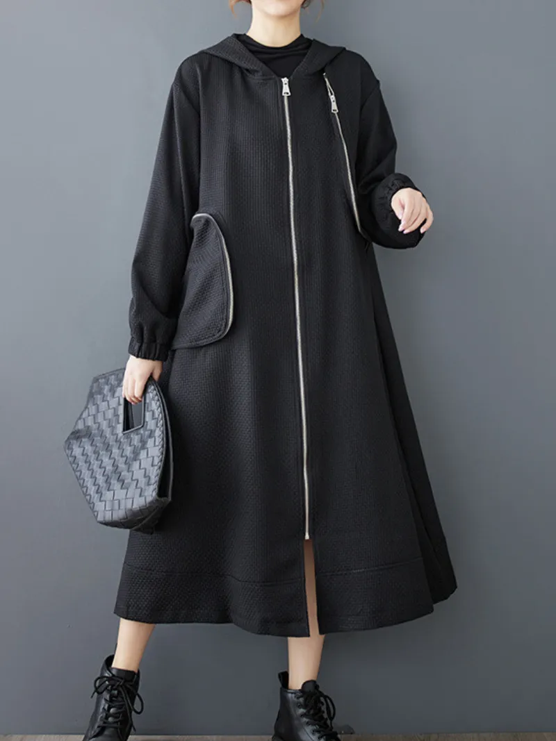 Women’s Everyday Wear Zipper Hooded  A-Line Dress