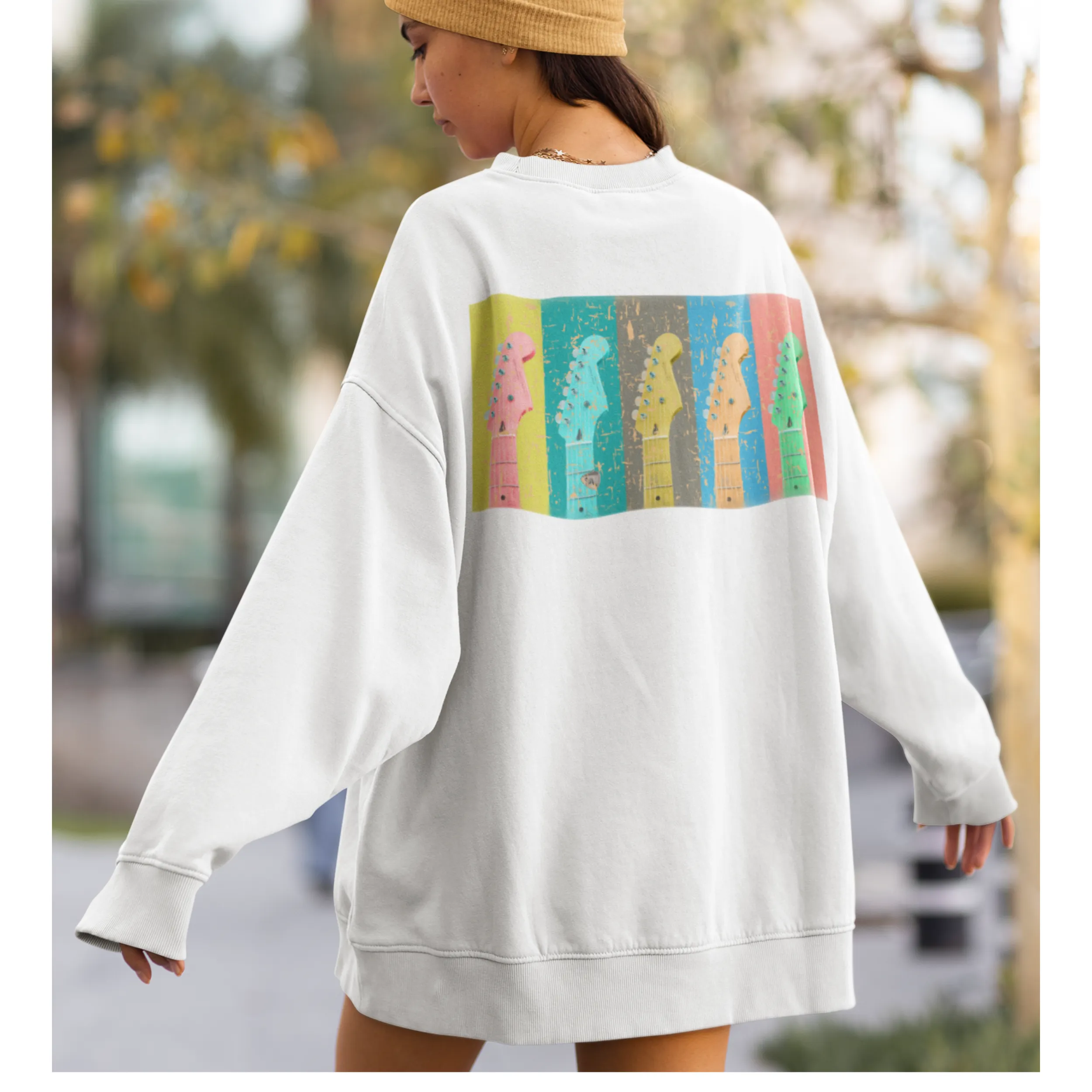 Women's Trendy Pastel Guitars Unisex-Size Crewneck Sweatshirt Gift for Her White Pullover Front or Back Design