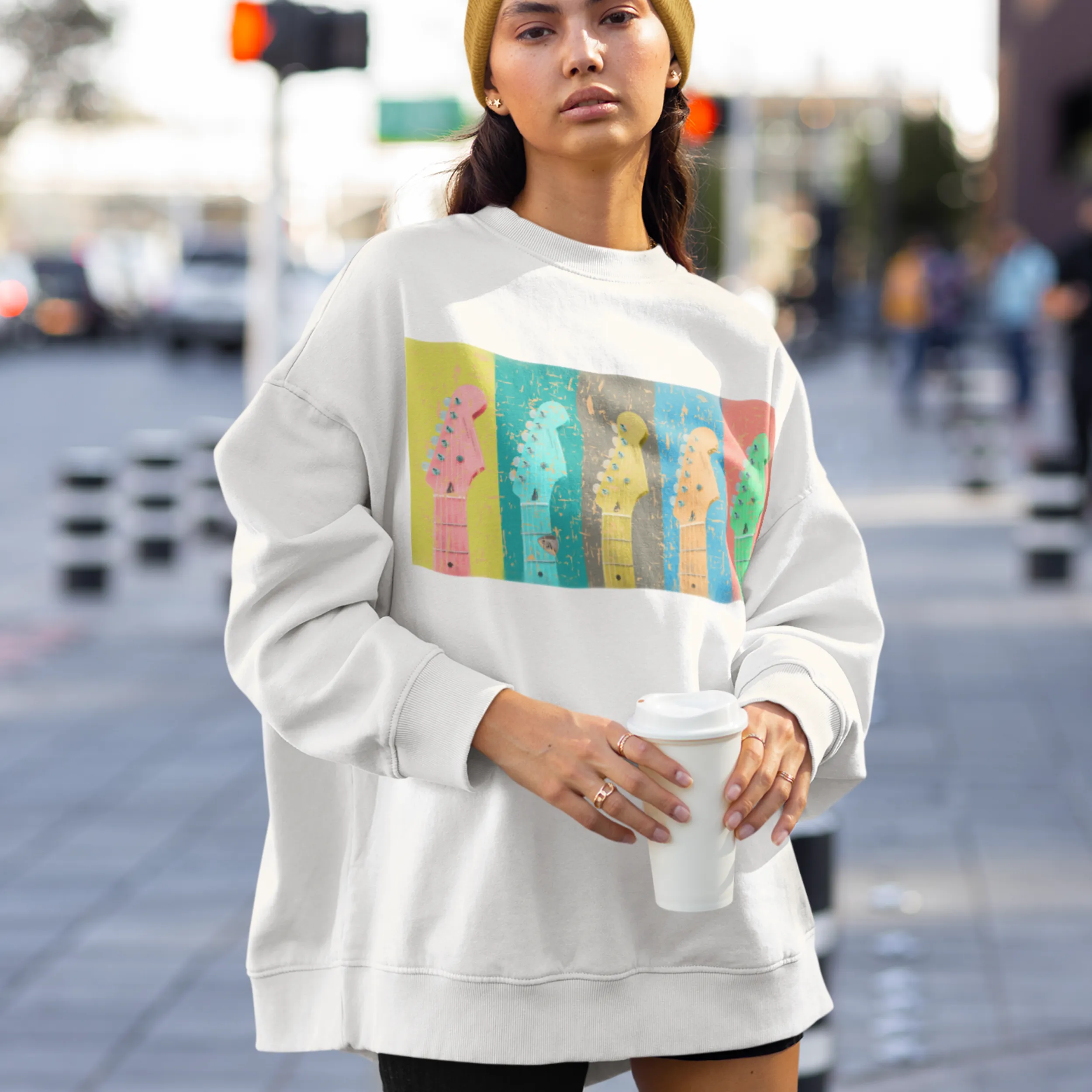 Women's Trendy Pastel Guitars Unisex-Size Crewneck Sweatshirt Gift for Her White Pullover Front or Back Design