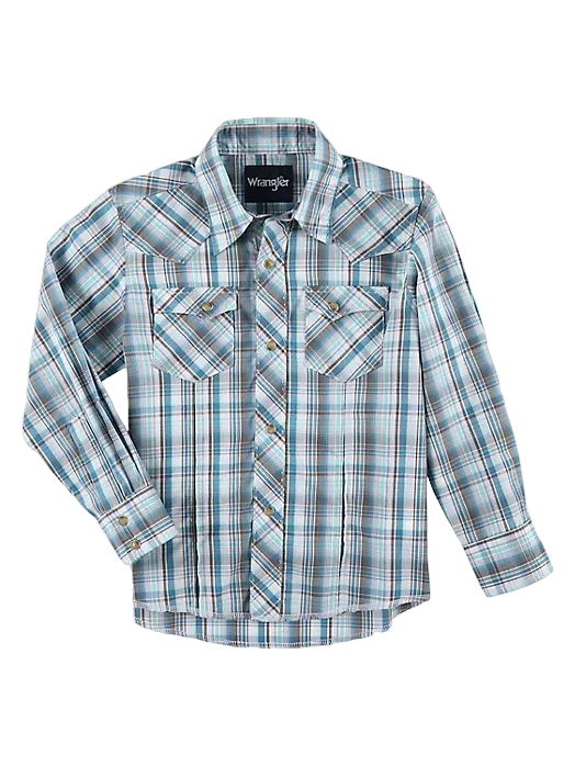 Wrangler Boy's Long Sleeve Fashion Western Snap Plaid Blue Shirt