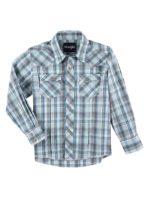 Wrangler Boy's Long Sleeve Fashion Western Snap Plaid Blue Shirt